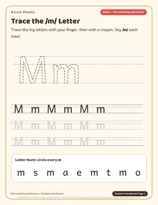 Student Workbook page: Trace the M letter